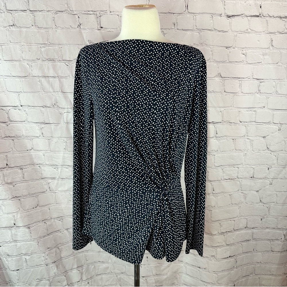 Ann Taylor navy White Polka Dot Blouse womens L ruched waist asymmetrical
